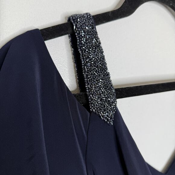 Ralph Lauren Dress Womens 12 Navy Blue Beaded Straps Flutter Sleeve Midi Gown - Picture 6 of 9